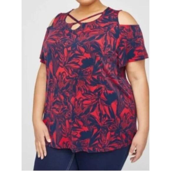 Catherines Plus Red/Navy Tropical Floral Open-Shoulder Top Blouse 2X NWT - Picture 6 of 6